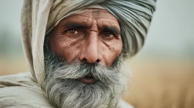 Weathered Indian farmer in traditional attire showcases the dignity and resilience of rural life in the fields during the morning light of the harvest season