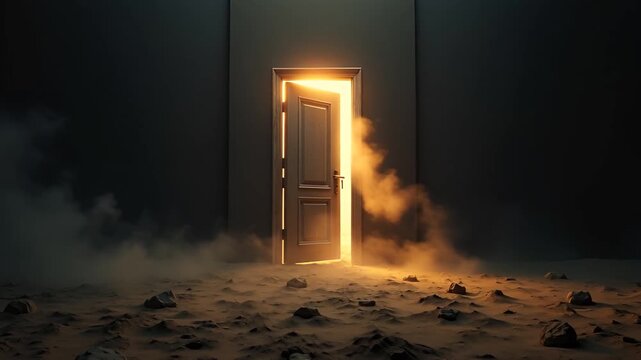 Mysterious Open Door Emitting Bright Light and Smoke in a Dark Desolate Landscape with Rocks and Sand