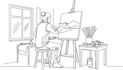 Artist studio illustration—person painting landscape on canvas with palette, brushes, and tools in room, line art vector 