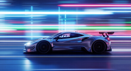 Fototapeta premium Sleek neon-lit sports car roars along a rain-soaked street, dim neon trails shimmer across pavement