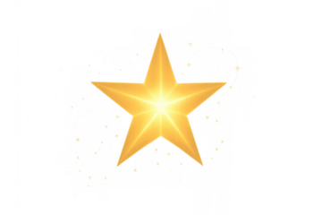 Golden star shining with bright light effect and glitter, symbolising award, quality, success on transparent background