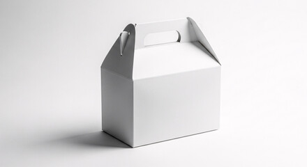 white cardboard gable box with built-in handle placed on clean surface under soft lighting, ideal for packaging food items, party favors, gifts, or retail branding