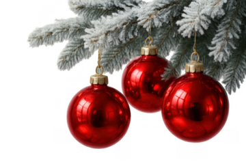 Red christmas ornament hanging on a frosted holiday tree branch creating festive winter decoration