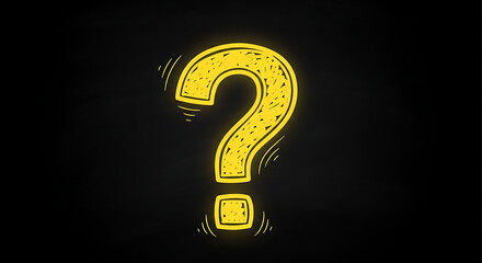 A bright yellow glowing question mark centers on a dark background with neon glow and mystery wonder