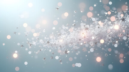 Happy New Year 2026 image background featuring glittering white and silver bokeh stream across dreamy light blue festive backdrop.
