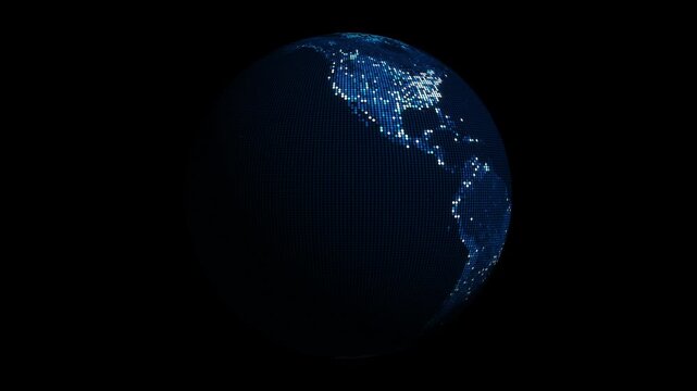 Futuristic digital globe made of glowing data dots representing global cyber network and technology connection. Perfect for AI, big data, and innovation backgrounds.