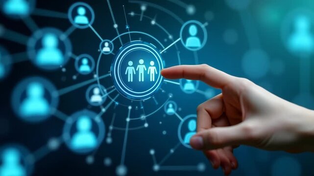 A hand selecting a virtual icon representing a group of people within a digital network. Symbolizes human resources, teamwork, recruitment, and online connectivity in a modern business context.