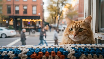 Ginger cat gazes out window, observing pedestrians and street scene