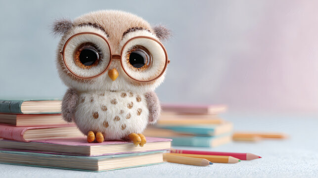 A cute, fluffy cartoon owl wearing glasses sits on a stack of books, surrounded by pencils.