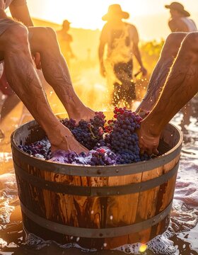 People stomping grapes in a wooden barrel at sunset