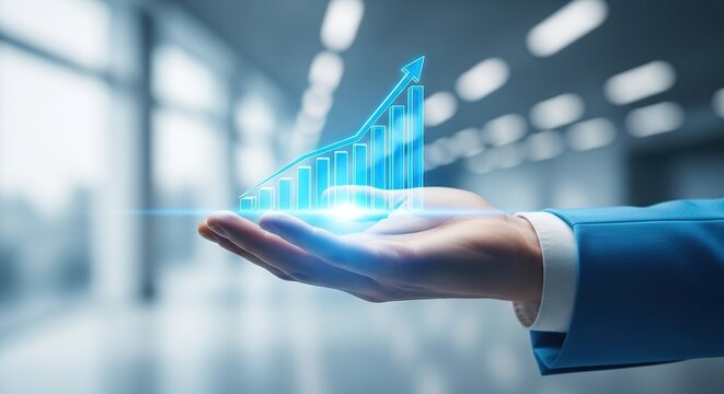 Business growth chart hologram held in hand - Powered by Adobe