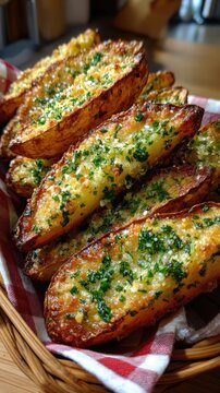 Una cesta rebosante de patatas al ajillo, doradas y cubiertas de ajo y perejil fresco.