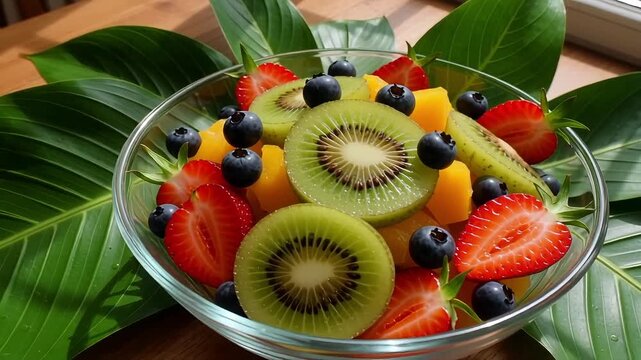 Refreshing fruit salad with kiwi, strawberries, and blueberries glistening in sunlight on wooden table with lush green leaves accenting the vibrant colors