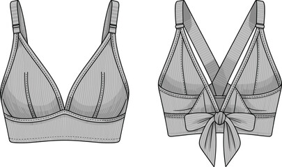 PrintElegant gray bralette design illustration, stylish front and back view, bow detail lingerie fashion, modern underwear vector, feminine intimate apparel drawing