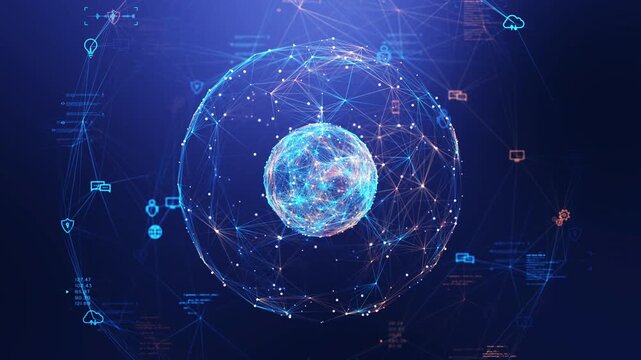 Futuristic AI sphere made of glowing cyber network connections, symbolizing data intelligence, innovation, and technology. Perfect for AI, big data, and digital transformation themes.