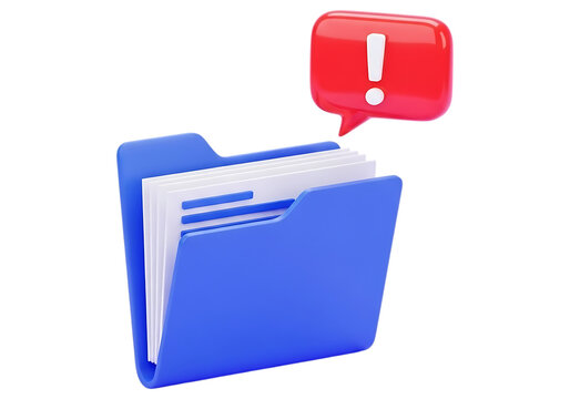 3d icon of blue folder with exclamation mark isolated on transparent background, error concept
