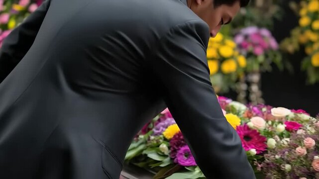 Man in black suit writing on clipboard at a floral display near a coffin during a solemn remembrance gathering with colorful blooms