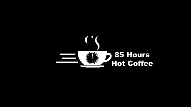 White stylized icon of a steaming coffee cup with a clock face and speed lines next to text 85 Hours Hot Coffee on black background