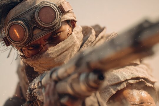 Primer plano de una persona envuelta en un turbante y gafas de aviador, apuntando un arma en un paisaje desértico.