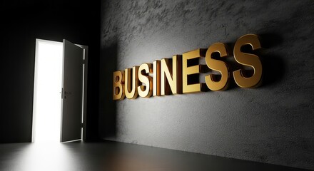 Golden business letters on a dark wall with an open door leading to bright light behind it