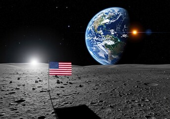 American flag on the moon with earth in the background