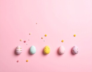 Pastel Easter eggs and sprinkles on a solid pink background