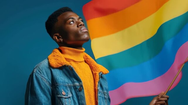 Young black male confidently holds rainbow flag symbolizing pride and inclusivity against a vibrant blue background, showcasing the celebration of diversity in urban culture