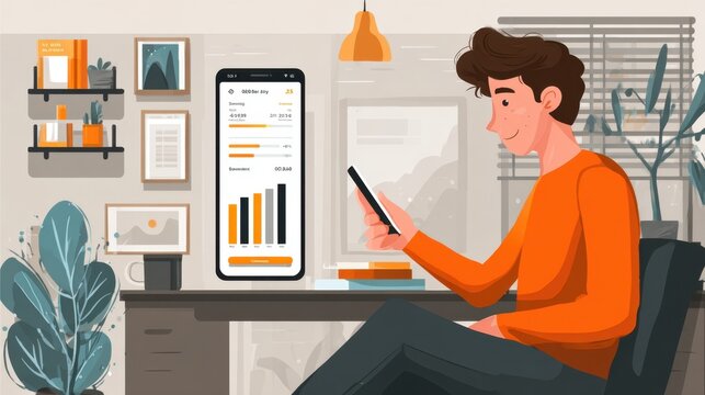 Young Man Using Smartphone Sitting at Modern Home Office Desk with Charts and Plants