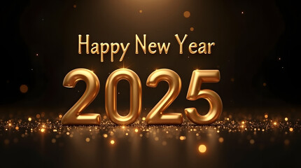 Golden &ldquo;Happy New Year 2025&rdquo; metallic typography with light rays and sparkles on luxury dark New Year background.
