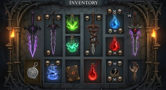 Dark gothic fantasy RPG video game inventory screen with magic items and glowing weapons interface