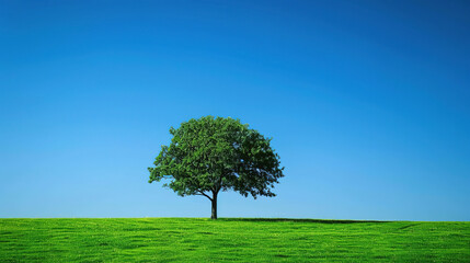 Beautiful landscape wallpaper of a green tree on the grass with a solid blue background