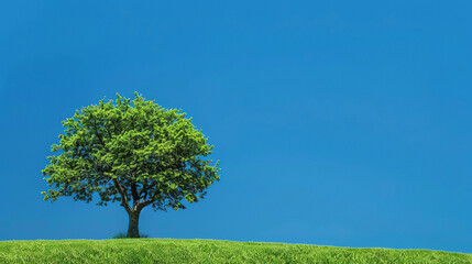 Beautiful landscape wallpaper of a green tree on the grass with a solid blue background
