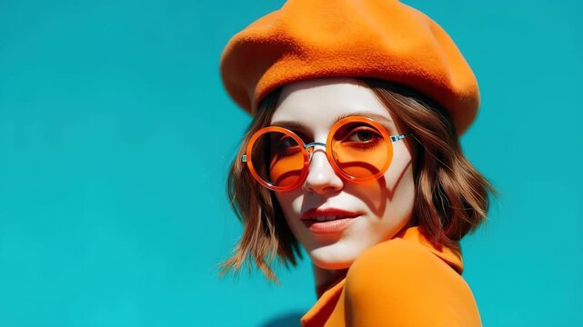 Trendy woman wearing orange sunglasses and a matching beret poses confidently against a vibrant blue backdrop during a sunny urban day