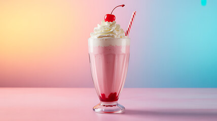 Pink milkshake with whipped cream, cherry, and striped straw in a tall glass against a gradient background