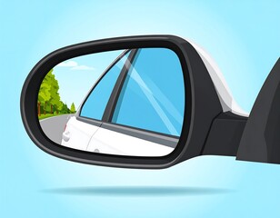 Fototapeta premium Illustration of a car's side mirror reflecting a sunny, tree-lined road against a bright blue sky. The car is white. The focus is on the mirror's reflection