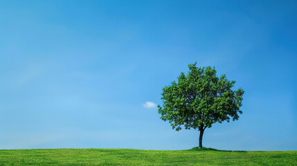Beautiful landscape wallpaper of a green tree on the grass with a solid blue background