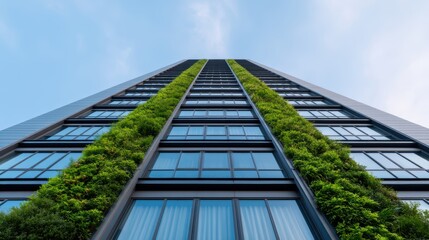 A modern skyscraper featuring a vertical garden with greenery along its facade, set against a blue sky.