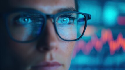 A focused individual with glasses analyzes data, reflected in their eyes, against a backdrop of digital graphs and vibrant colors.