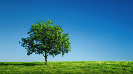 Beautiful landscape wallpaper of a green tree on the grass with a solid blue background