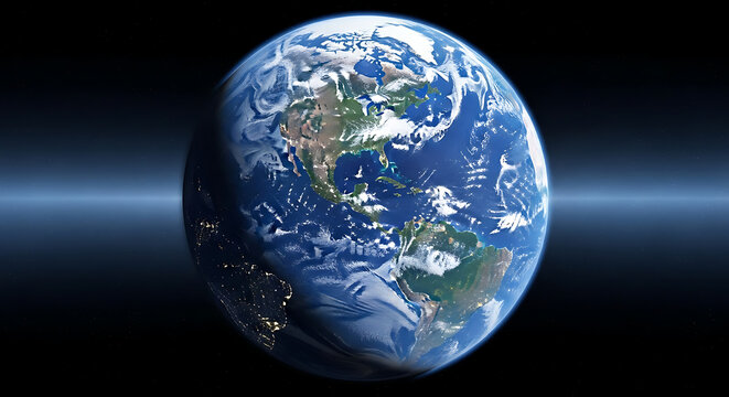 Earth seen from space, a vivid blue world with green continents, glow along the limb. softly lit orb