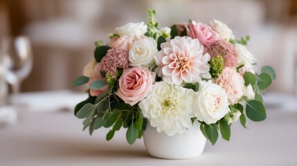 Fototapeta premium A beautiful floral arrangement featuring soft pink and white blooms, elegantly displayed in a round white vase, perfect for a decorative centerpiece.