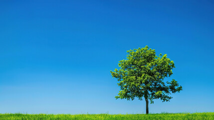 Beautiful landscape wallpaper of a green tree on the grass with a solid blue background