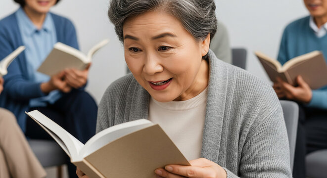 Surprised senior Asian woman enjoys reading a fascinating book in a club with friends