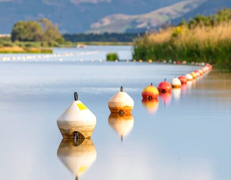 A calm lake with a line of colorful buoys, reeds, and distant mountains under a bright sky