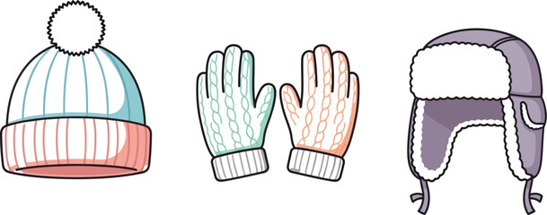 Winter clothing set with a beanie gloves and a trapper hat on a light background