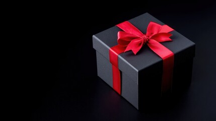 Obraz premium Gift box with red ribbon on a black background, clean promotional setup
