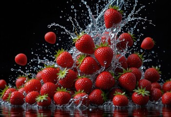 Strawberry Splash: A vibrant collection of fresh, ripe strawberries bursting through crystal-clear water, creating a dynamic and visually stunning display of refreshment and natural goodness.