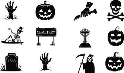 Naklejka premium Collection of spooky halloween icons and symbols in black silhouette