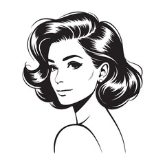 Black and white illustration of a woman with bouffant hairstyle and pearl earring female