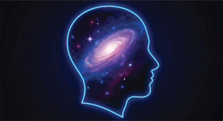 Human head outline filled with galaxy representing mind and cosmic connection